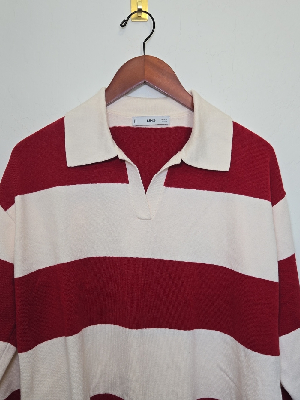 Mango Red & White Striped Polo Collar Relaxed Fit Sweater Size S - Picture 3 of 13